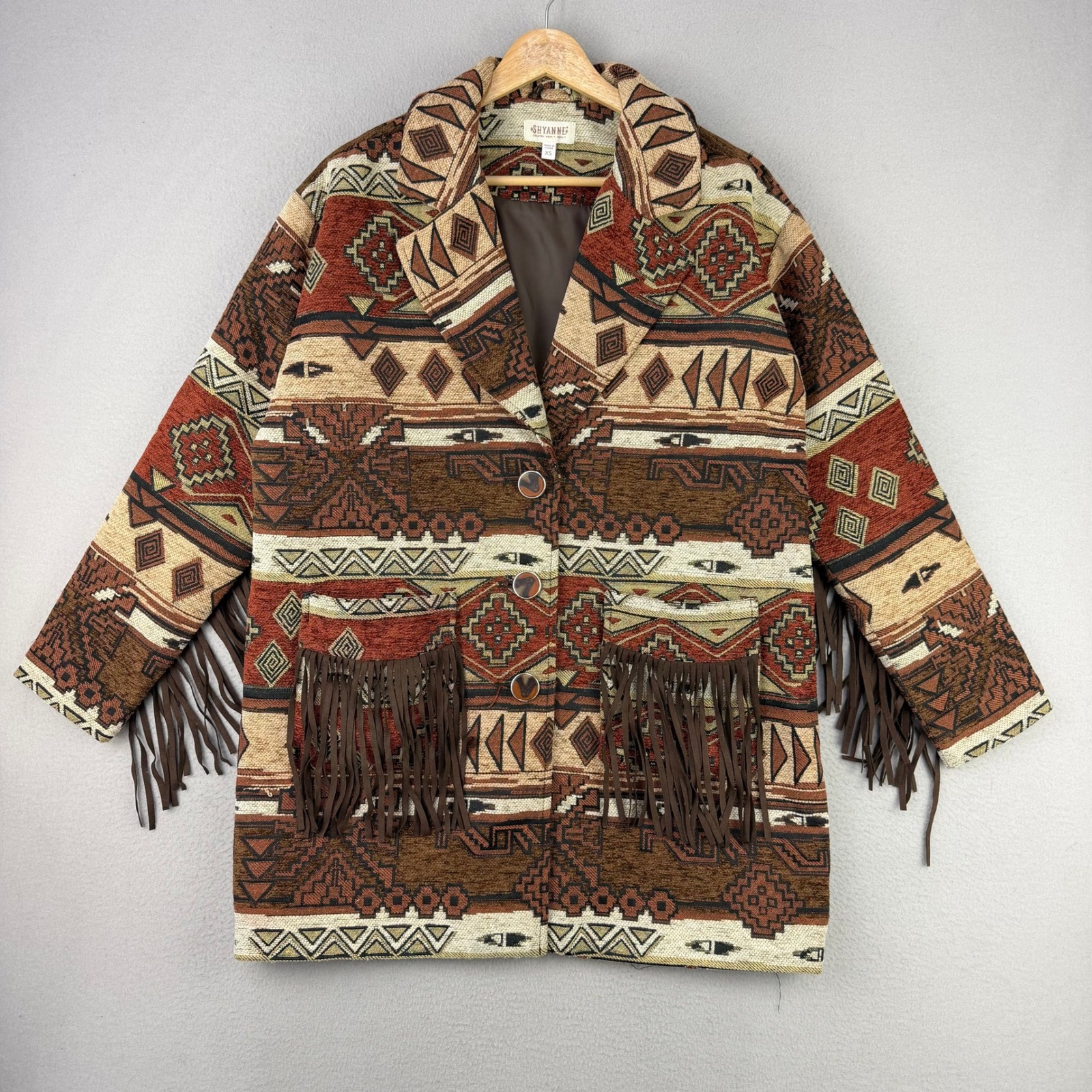 Shyanne Aztec Print Tapestry Jacket Women Xs Brown Western Fringe Southwest Coat
